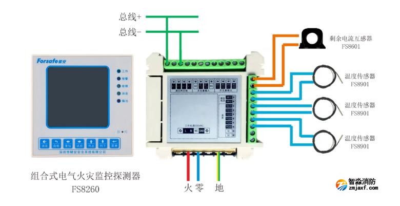 FS8260組合式電氣火災(zāi)監(jiān)控探測器接線圖